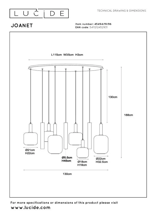 Lucide JOANET Tube - Pendant light - 6xE27 - Brass - technical
